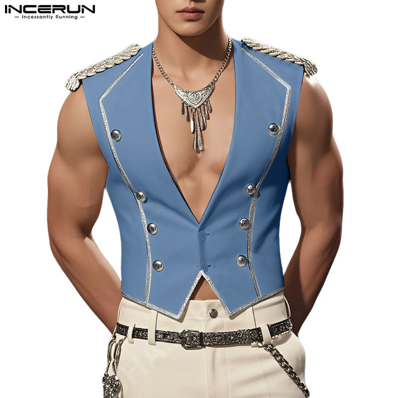 เสื้อกั๊กกระดุมคู่ INCERUN ออกแบบบadgeไหล่ สไตล์แฟชันสำหรับผู้ชาย