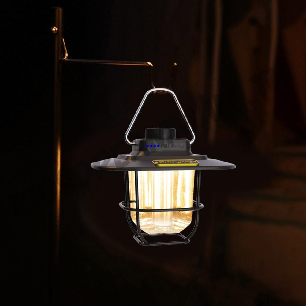 ไฟแขวนตกแต่ง LED กันน้ํา Retro Camping Light Type-c ชาร์จพร้อมตะขอไฟแสดงสถานะแบตเตอรี่สําหรับอุปกรณ์กลางแจ้ง