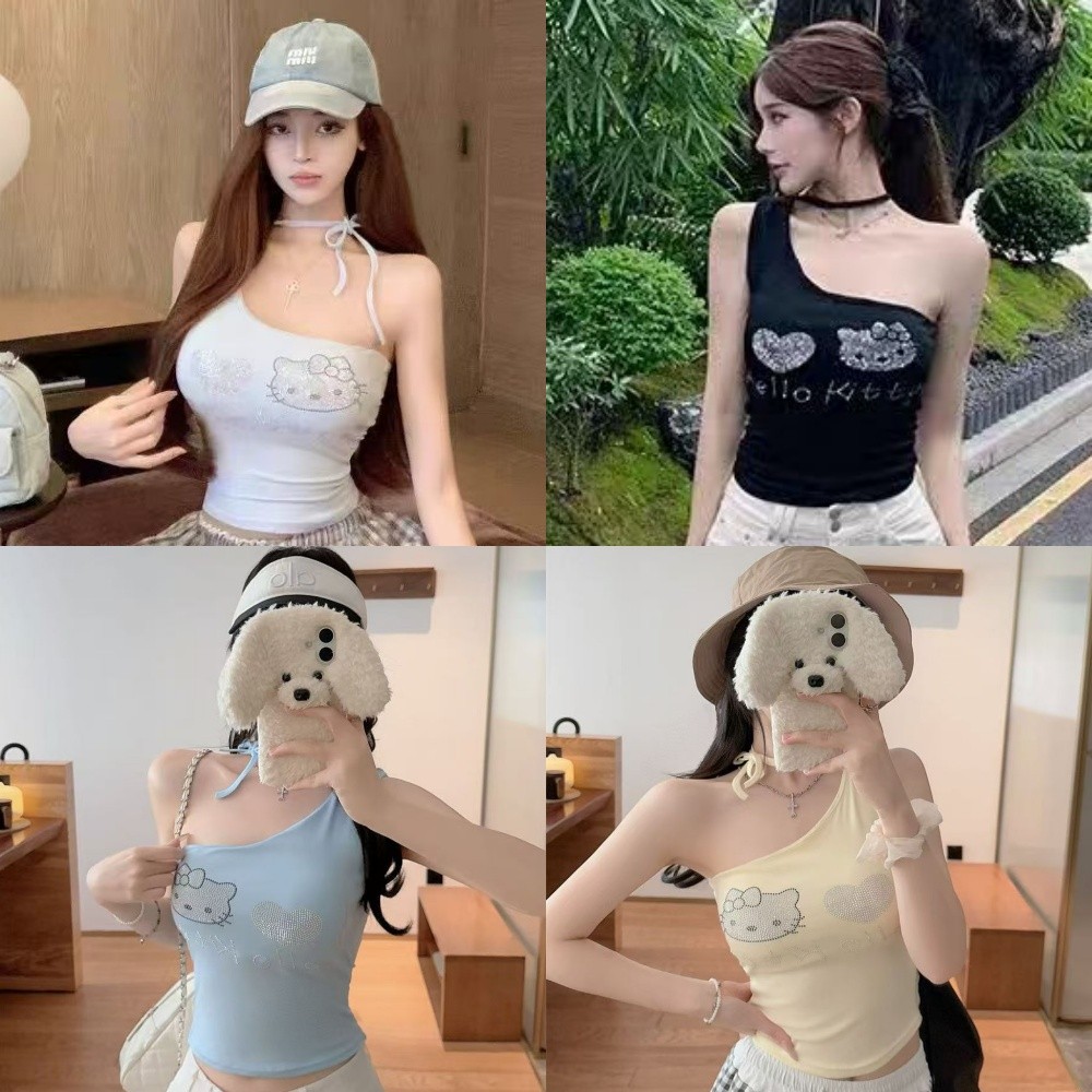 💘Bonnie💘เสื้อกล้าม เข้ารูป ผูกเชือก แขนกุด ลายแมวสีพาสเทล เสื้อรัดรูป ใส่สบาย สไตล์ลำลอง สไตล์เกาหลี
