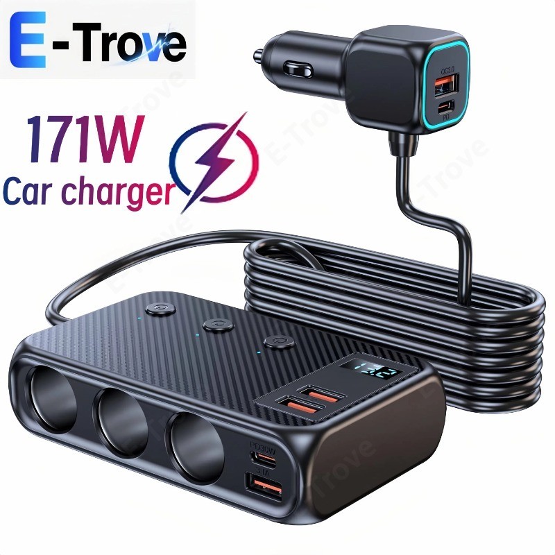 171ว อะแดปเตอร์ชาร์จไฟในรถชาร์จเร็วเก้าในหนึ่งซ็อกเก็ตขยายรถมัลติฟังก์ชั่การออกแบบสวิตช์อิสระเข้ากัน