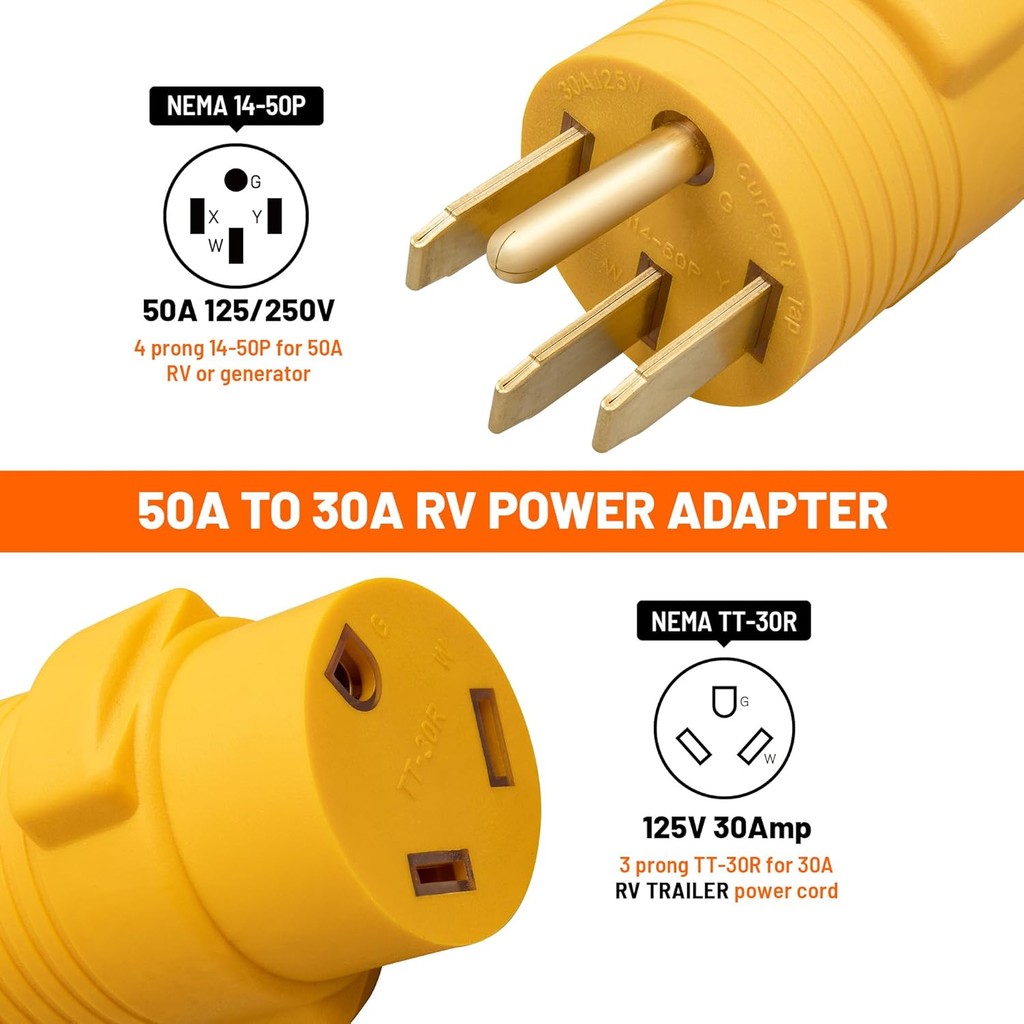 50 Amp to 30 Amp RV Adapter, NEMA 14-50P to NEMA TT-30R 50A ชาย 30A ปลั๊ก RV หญิง Adaptor Connector,