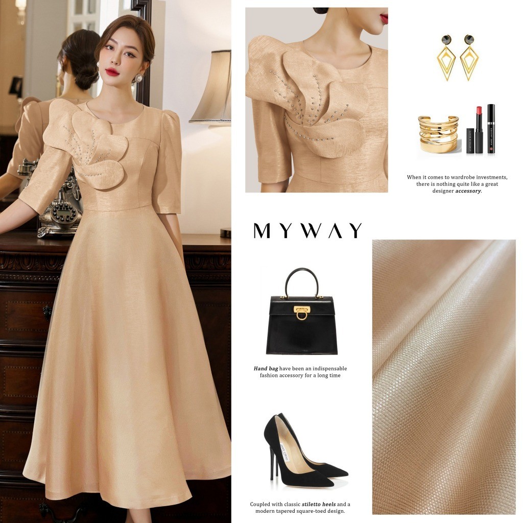 MY WAY ชุดเดรสปาร์ตี้ผู้หญิงลายดอกไม้หรูหราแขนสั้น 3MD0886BW DB