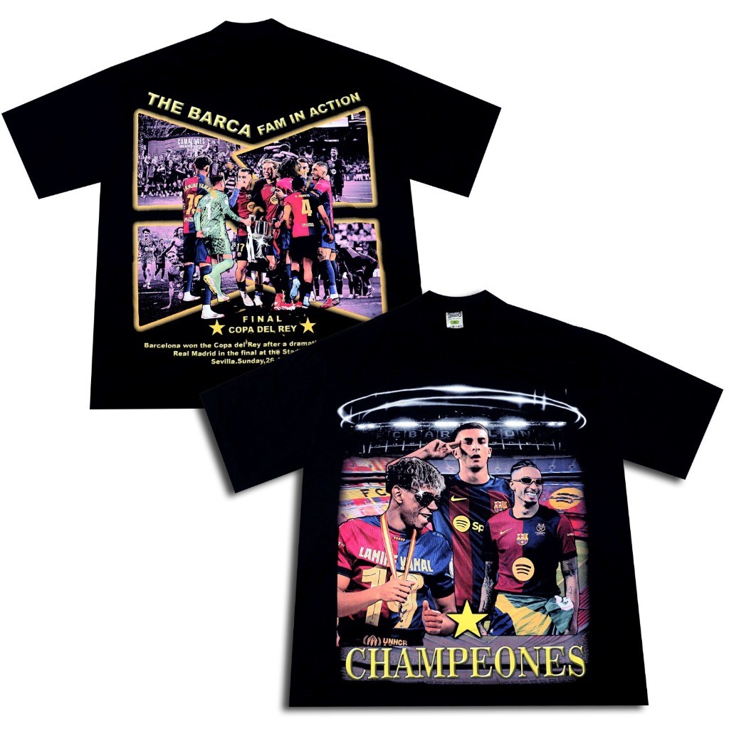 (TOP) VONSEY BARCELONA CHAMPIONS COPA DEL REY SPORT FOOTBALL OVERSIZE COMBED 20S สีดํา DTF เสื้อยืด
