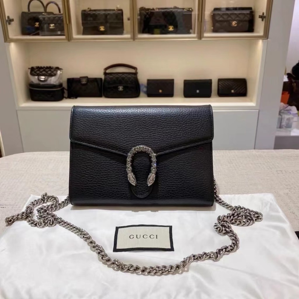 คลังสินค้าพร้อมในประเทศ CUCCI Gucci Dionysus Classic Bacchus WOC Full Leather Diamond Buckle Ladies 