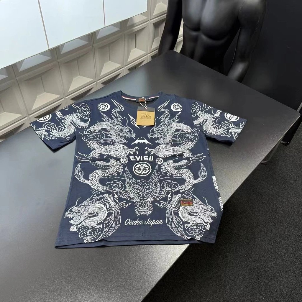 ใหม่ แขนสั้น แนะนํา⭐Evisu Fushen Heavy Industry ปักตัวอักษรพิมพ์ Nine-Pattern Dragon แขนสั้น Three-S
