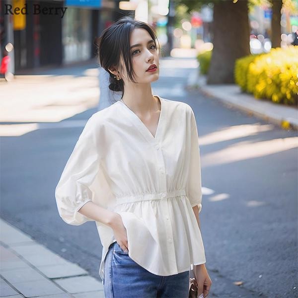 Red Berryเสื้อเชิ้ตคอวีแขนโคมไฟ 2025 เสื้อเชิ้ตชีฟองไฮเอนด์ลดอายุฤดูใบไม้ผลิ สวมใส่ด้านนอกW364