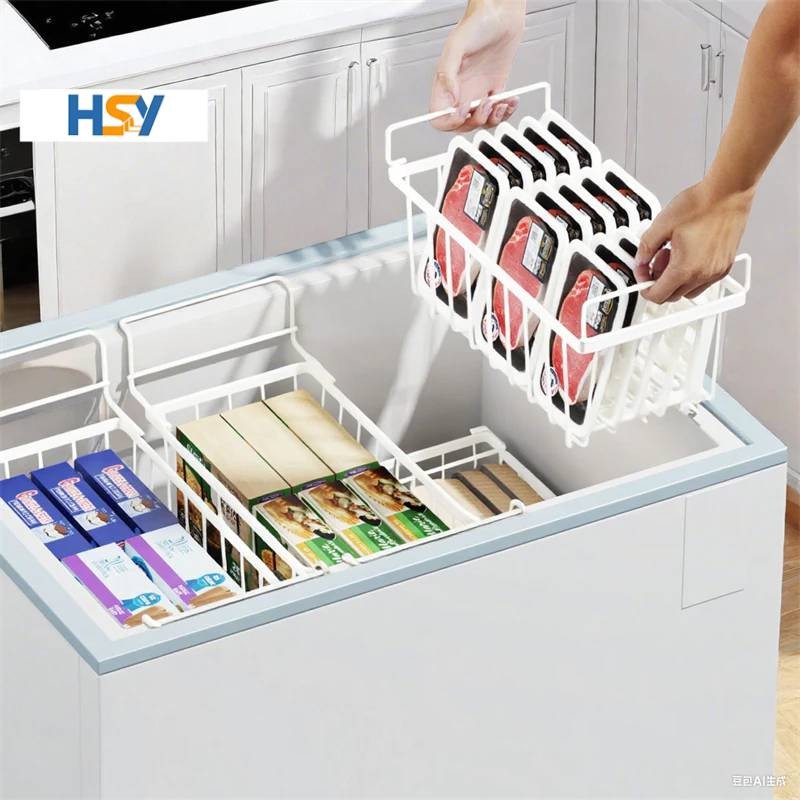 HSY สวัสดี⭐แขวนได้/ซ้อนได้⭐ตะกร้าตู้แช่แข็งแบบ Dual-Mode w/40/46cm​​ ตะกร้าเก็บโลหะประหยัดพื้นที่