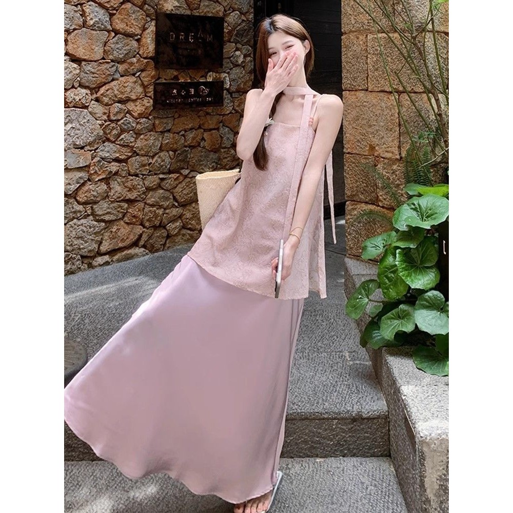 ชุดสองชิ้นเสื้อแขนกุดและกระโปรงหลวมสำหรับฤดูร้อน สไตล์ฝรั่งเศสSlimmer JE6C