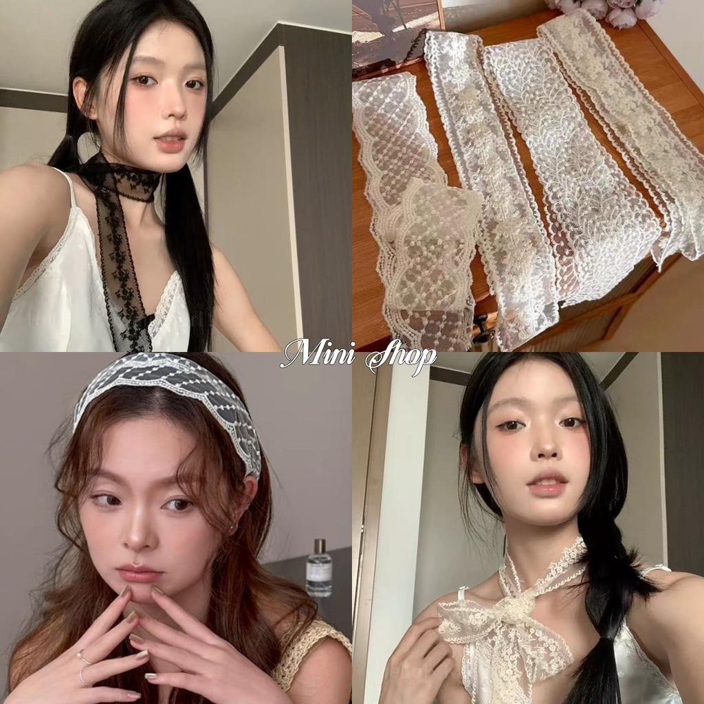Mini shop🌸พร้อมส่ง🌸(VO-49)ริบบิ้นยาวผ่านุ่มนิ่ม ลวดลายลูกไม้ สไตล์สาวเกาหลี