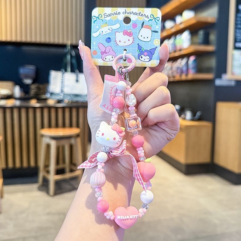 อุปกรณ์โทรศัพท์มือถือ ของแท้ Sanrio การ์ตูน Kuromi KT Cat Bow โซ่ลูกปัดสั้นโซ่โทรศัพท์มือถือ Key CHAIN ลูกปัดสายรัดข้อมือโทรศัพท์มือถือ Universal
