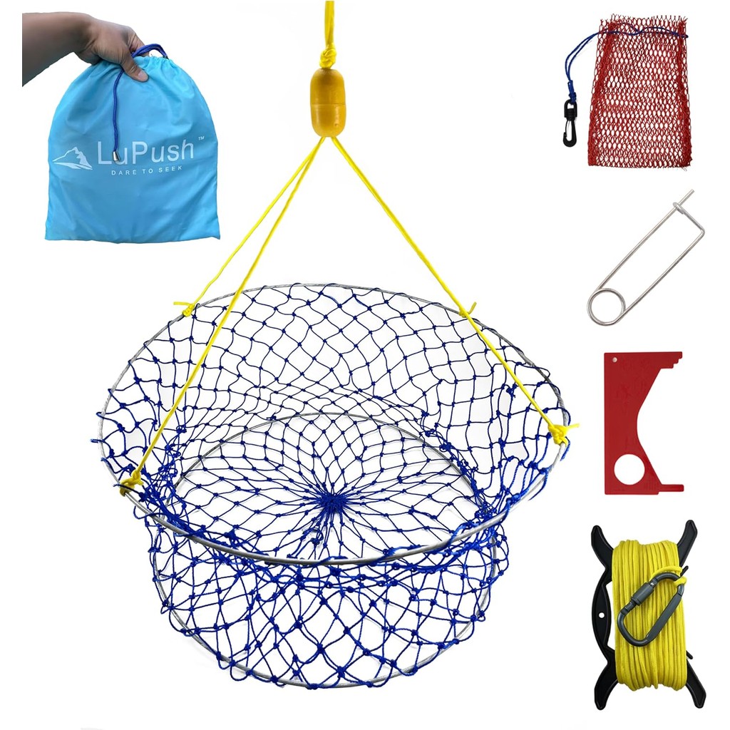 Crab Ring Trap Kit – Heavy-Duty Crab Net with 100ft Rope, Bait Bag, Clip & Ruler – 24” Two-Ring Crab