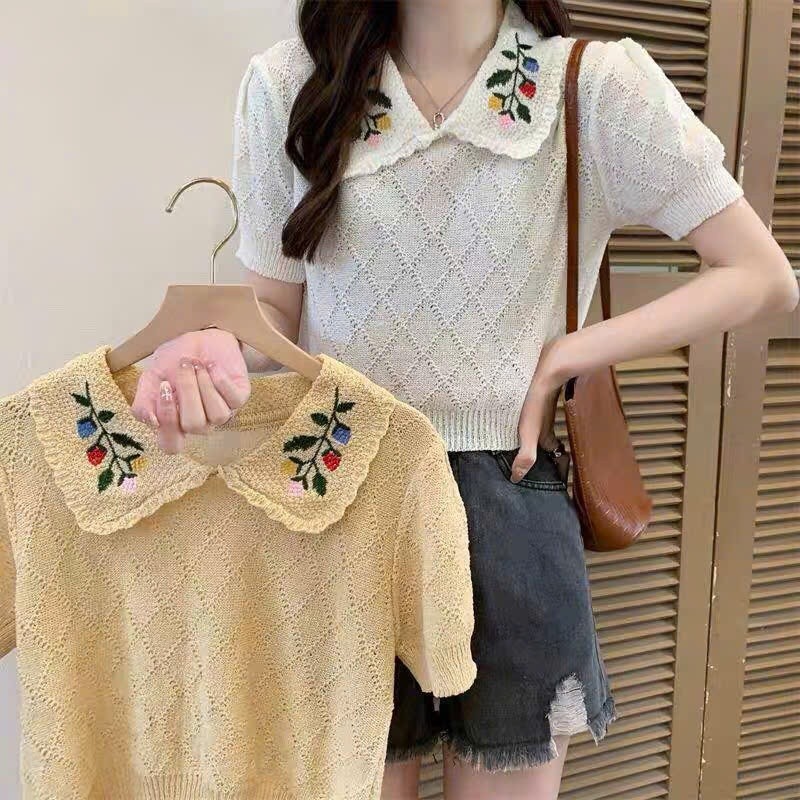 E1 เสื้อสเวตเตอร์ถักผู้หญิงคอตุ๊กตาแขนสั้นปักลายดอกไม้น่ารัก ลายร่มเรียบหรู โดดเด่น พื้นฐาน L65 HL-9