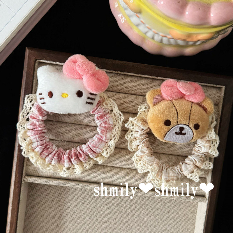 สีกาแฟ Scrunchy Hair Tie ลายหมีลูกไม้ เครื่องประดับผมสำหรับสไตล์หวานๆ