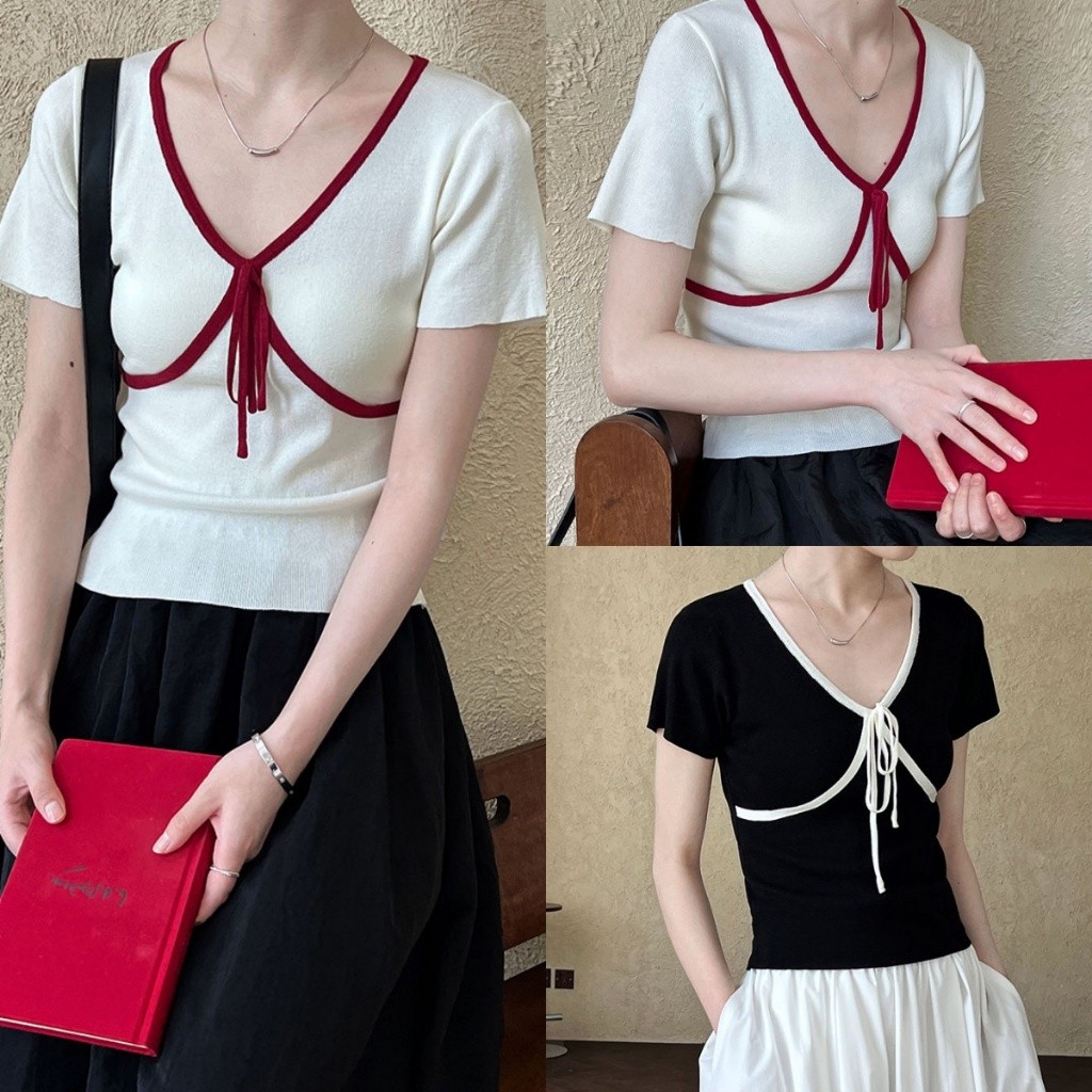 Bella Shop เสื้อแขนสั้นคอวีออกแบบโบว์หวานฝรั่งเศส พร้อมส่งจากกรุงเทพ ระยะเวลาจัดส่งปกติ 2-3 วัน