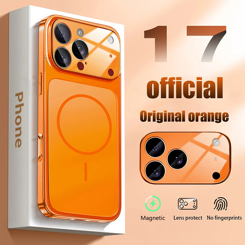 Cosmic Orange Matte เคสโทรศัพท์แม่เหล็ก สําหรับ iPhone 17 Pro Max Air 16 15 14 13 Pro Max ป้องกันกล้องกระจกนิรภัยกันกระแทกซิลิโคนแข็ง