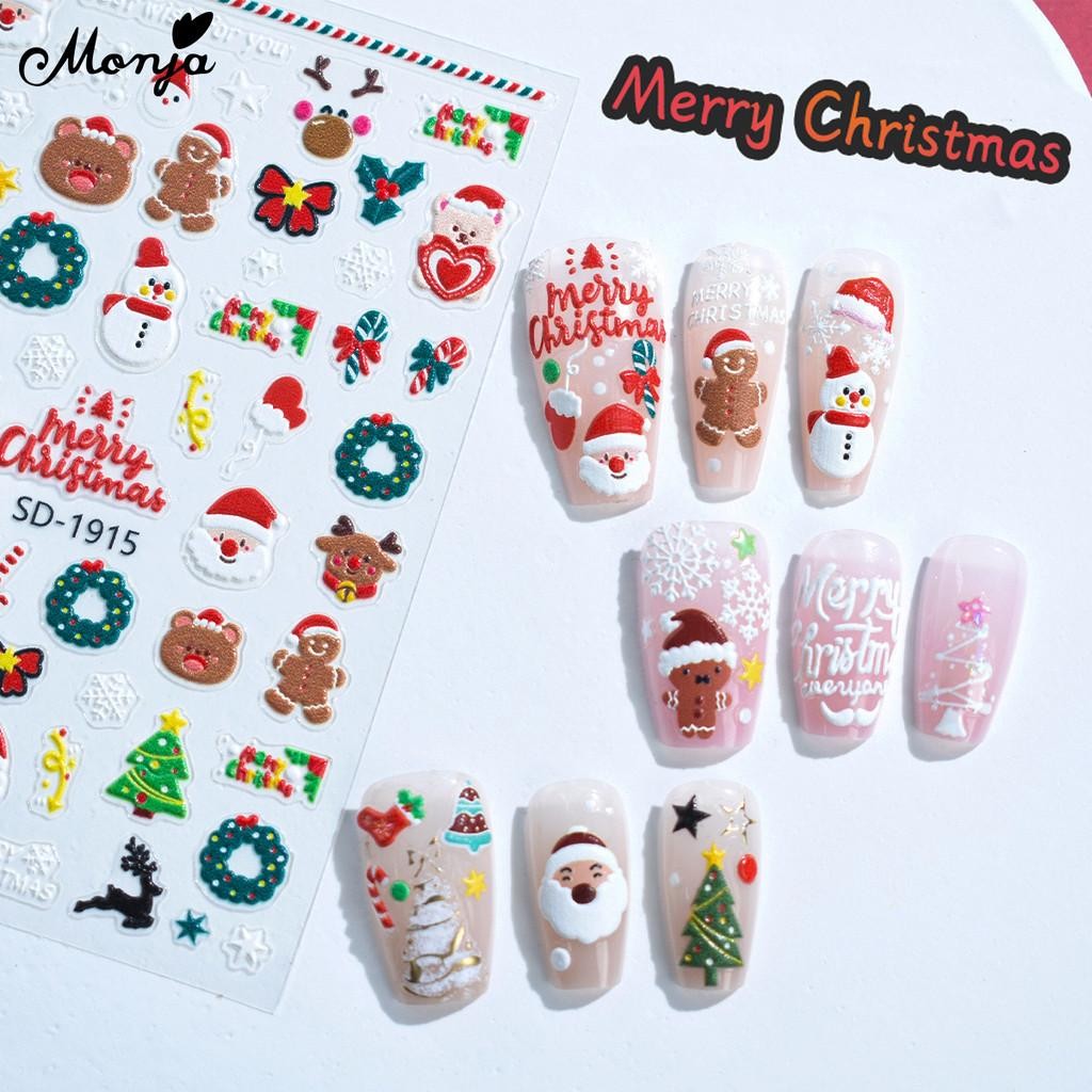 Monja คริสต์มาสเล็บสติกเกอร์นูน Santa Claus Elk Snowman Snowflake Decals Holographic กาวเล็บ Sliders