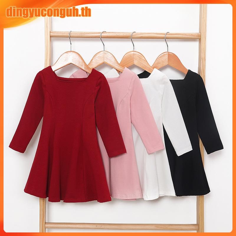 Chf- ชุดเดรสแขนยาว คอสี่เหลี่ยม ทรงเอ สีพื้น แฟชั่นฤดูใบไม้ร่วง สําหรับเด็กผู้หญิง