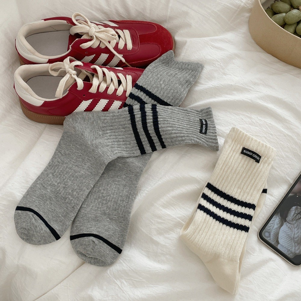 DERNDI ถุงเท้า ข้อกลางยาว ผ้าฝ้าย รุ่น Suxin Wavy Strip ทรงหยัก ผ้าดี ✨พร้อมส่ง