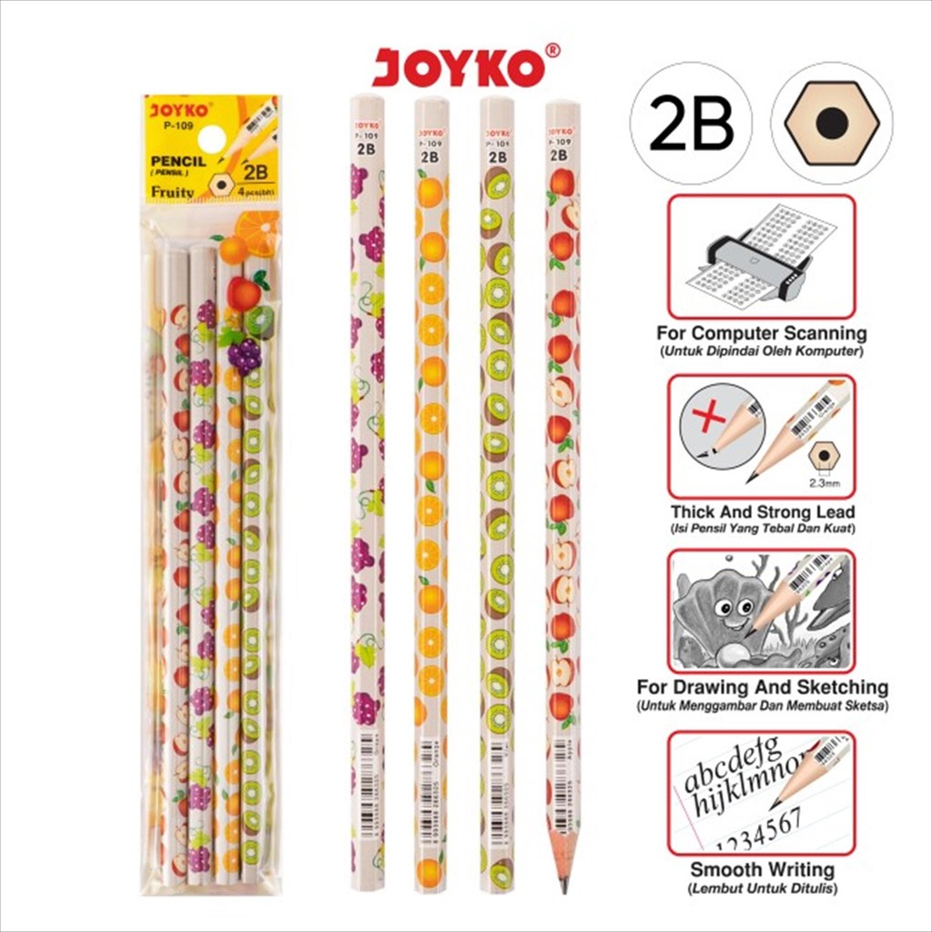 NA JOYKO 2B Motif Pencils 1 ชุด 4 ชิ้น / ดินสอฟรุ๊ตตี้แพ็ค / ดินสอเขียนไม้ตัวอักษรผลไม้ P-109 P109
