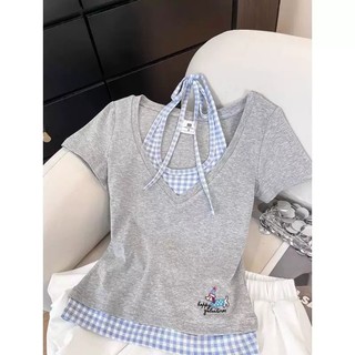 Women's embroidery fake two-piece slim short-sleeved t-shirt loose casual bottoming top ready stock
