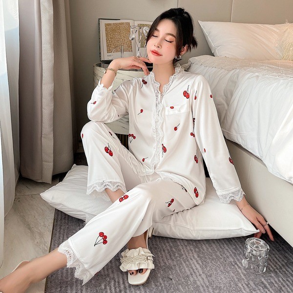 ชุดนอนมิโกะ bonnie pajamas ชุดนอนผ้าไหมไอซ์เชอร์รี่สำหรับผู้หญิงชุดนอนลูกไม้น่ารักแขนยาวสำหรับฤดูร้อ
