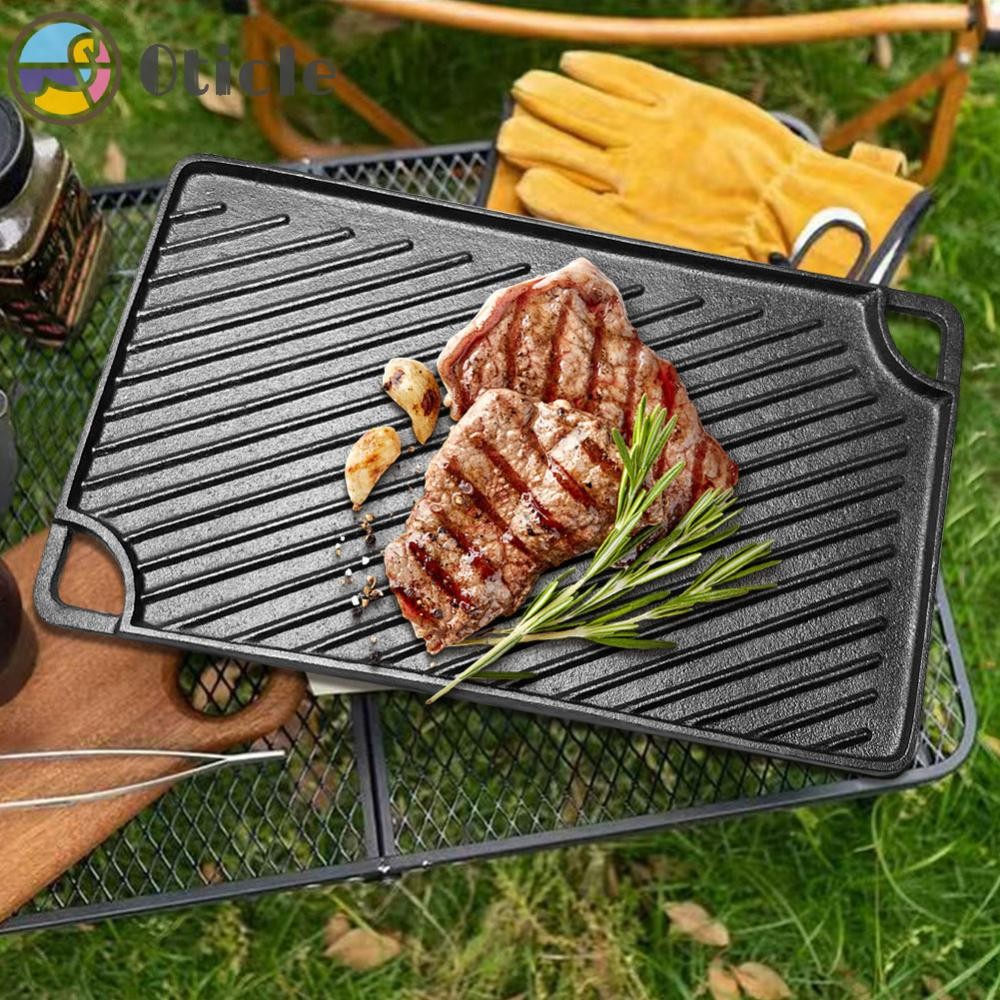 16.5X9.5 นิ้วแผ่นย่างเหล็กหล่อ Reversible Griddle Pan สําหรับ Camping Roasting [Oticle.th]