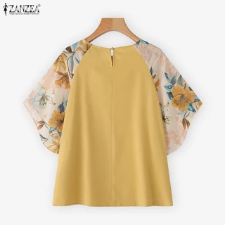ZANZEA เสื้อผู้หญิงเกาหลีคอกลมสบาย ๆ แขนห้าส่วนแต่งระบาย ลายดอกไม้ต่อผ้า
