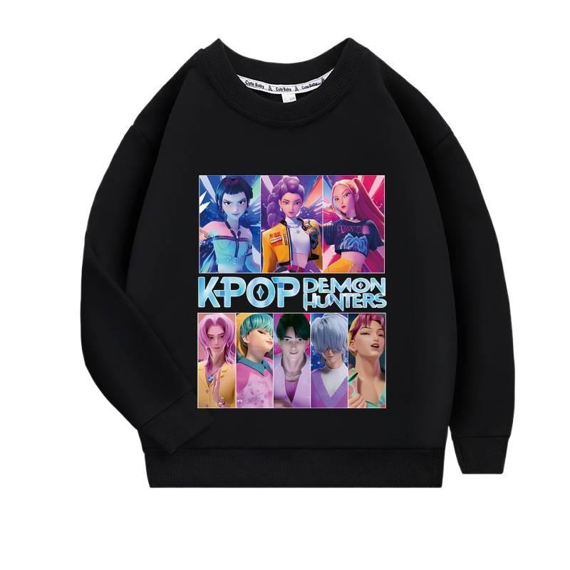 Kpop Demon Hunter 2D พิมพ์การ์ตูนฮู้ดี้ แขนยาวรอบคอดีไซน์สำหรับเด็กผู้หญิง