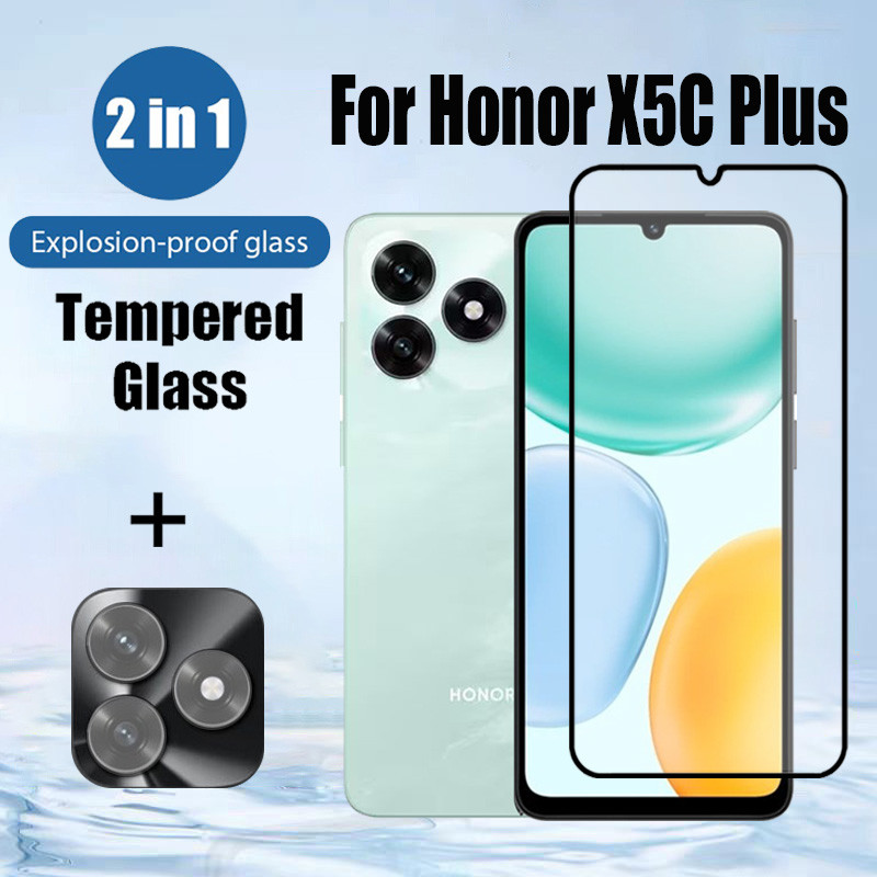 2 in 1 ฟิล์ม Honor X5c HD ป้องกันหน้าจอ สำหรับ กระจกนิรภัยสําหรับ สำหรับ Honor X7d X7c X6b X8b X7b X8c X5b Plus X6c 5G 4G Anti-impact Glass ฟิล์ม กันรอยหน้าจอ สำหรับ ฟิล์มกระจก & ฟิล์มกล้อง