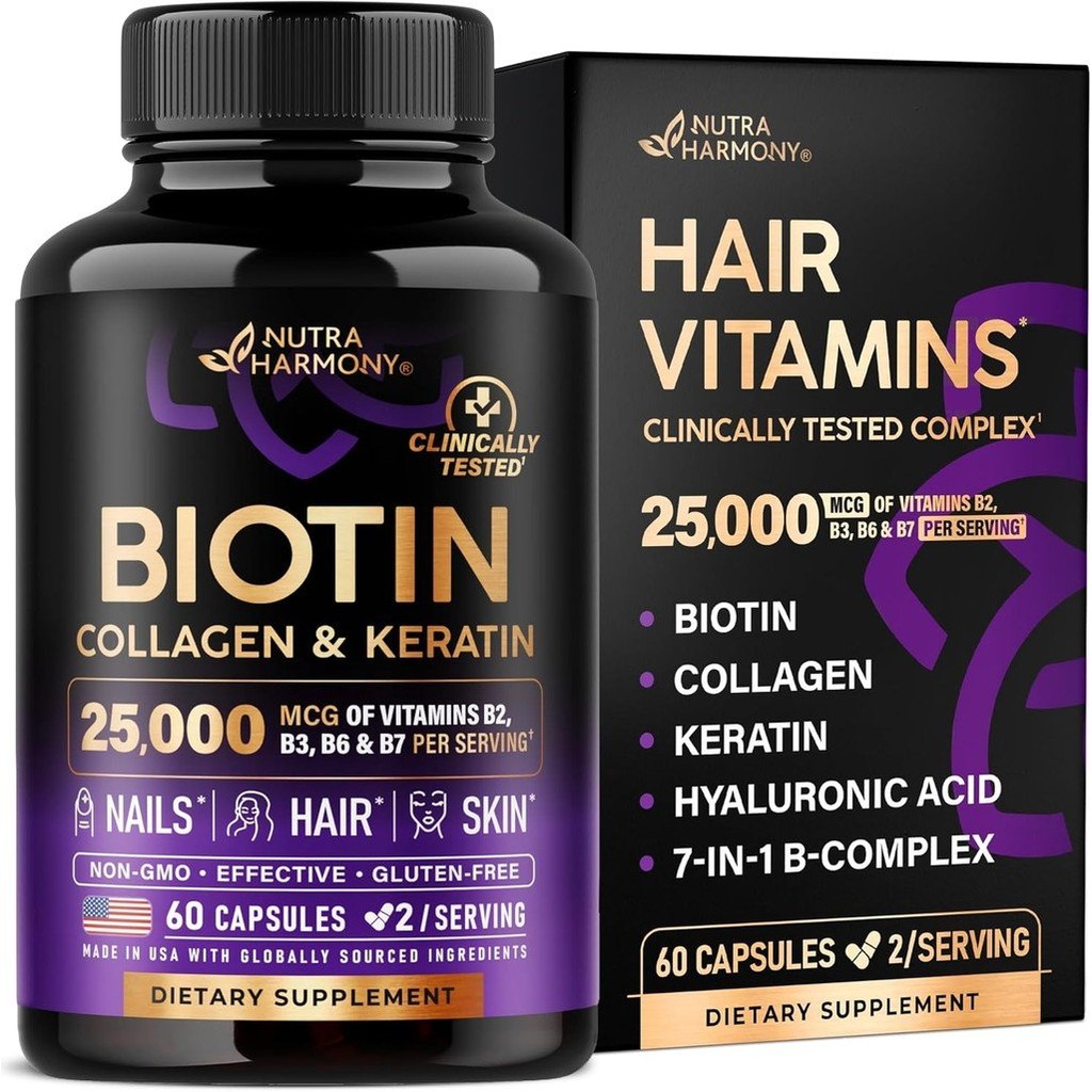 ไบโอติน | คอลลาเจน | Keratin - อาหารเสริมทดสอบทางคลินิก - Hair Growth Support, Skin & Nails - 25000 