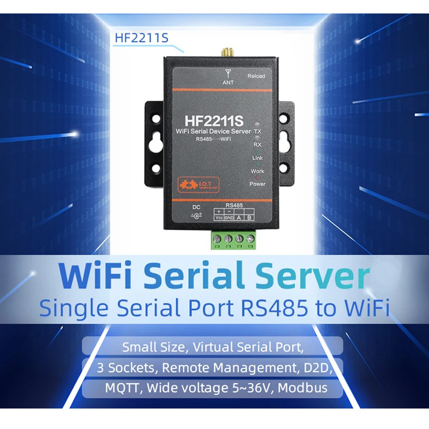 HF2211S Industrial Serial Modbus RS485 เป็น WiFi Converter TCP IP Telnet Modbus MQTT 2M Flash Serial