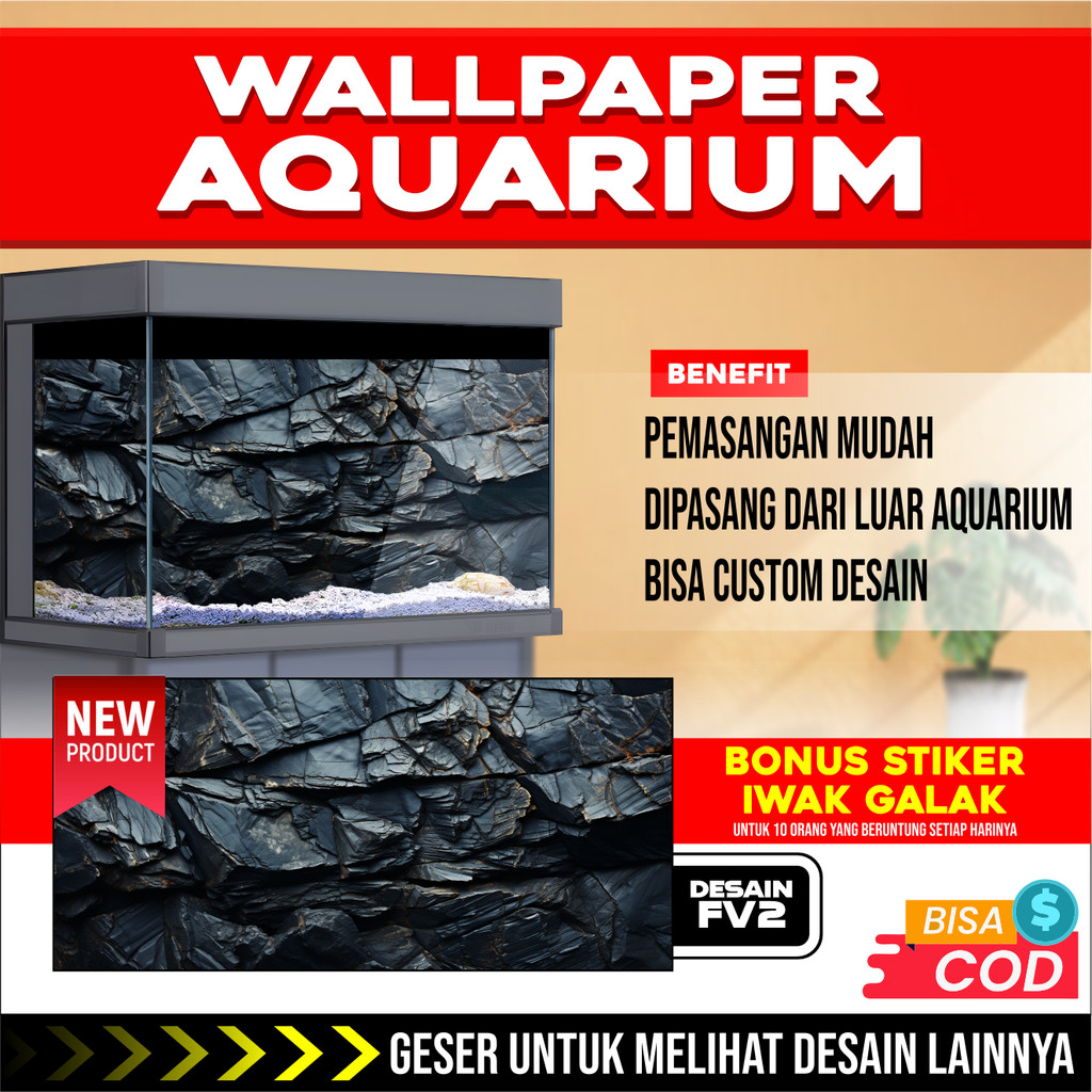 3D REAR AQUARIUM BACKGROUND สติ๊กเกอร์ติดผนังพร้อมหิน รูปภาพ FV2