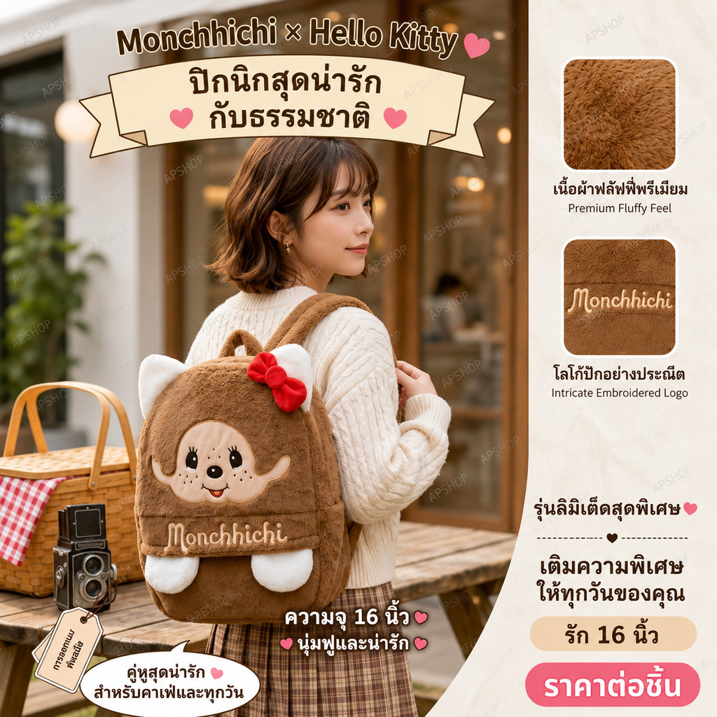 กระเป๋านุ่มฟู ขนาด 10 นิ้ว , 16 นิ้ว วัสดุผ้าขนกำมะหยี่นุ่ม มีช่องซิปด้านหน้าแบ่งเก็บของ สายสะพายนุ่มไม่เจ็บบ่า