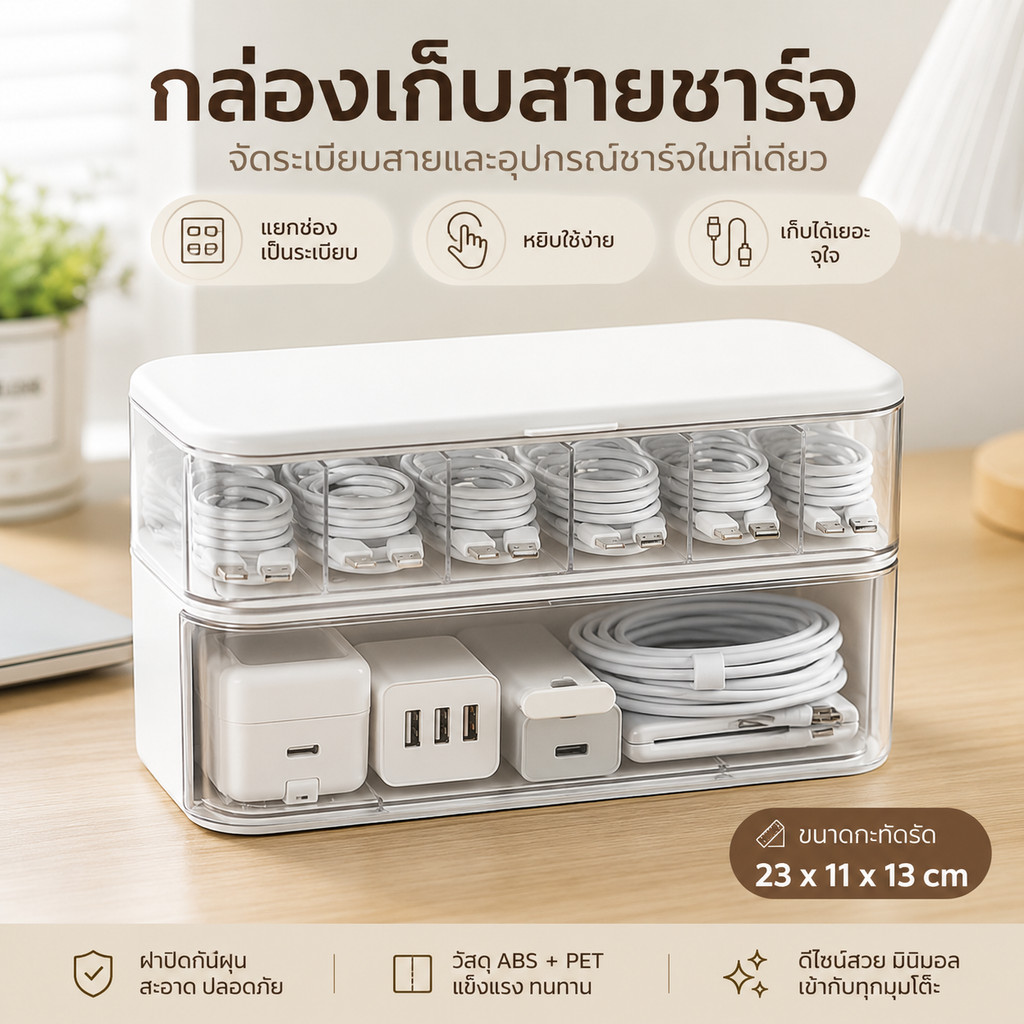 6 ช่องพร้อมฝาปิดสายชาร์จกล่องเก็บสายไฟกล่องจัดระเบียบสามารถเก็บชุดหูฟังสาย ยูเอสบี ไม่พันกัน เหมาะสําหรับโต๊ะ