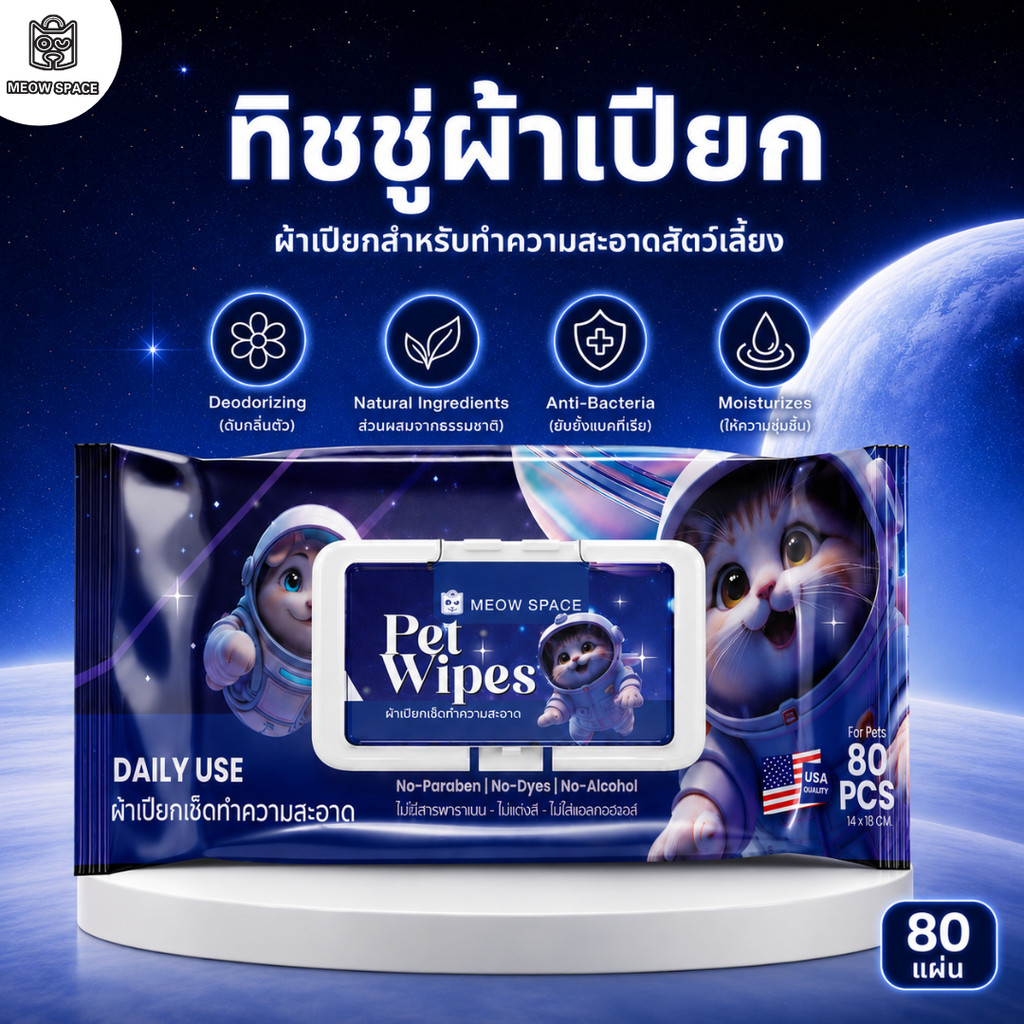 Meow Space กระดาษทิชชู่เปียก 80 แผ่น ผ้าเปียกเช็ดทำความสะอาดสัตว์เลี้ยง ทิชชู่เปียกแมว
