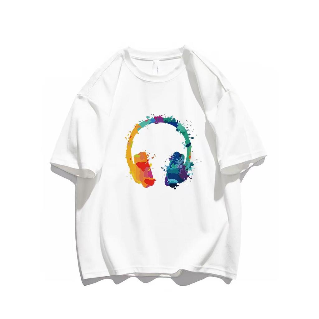ZY 2026 เสื้อยืดโอเวอร์ไซส์สีขาว/ดำ ลายหูฟังสีรุ้ง NASA BIKK สไตล์สตรีท ผ้าคอตตอนผสม ผ้าหนา