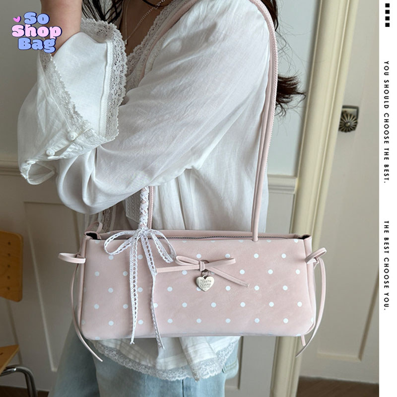 So Shop Bag กระเป๋าสะพายไหล่ผู้หญิง Baguette PU แฟชั่นลายจุด พร้อมโบว์ผูก กระเป๋าสะพายข้าง