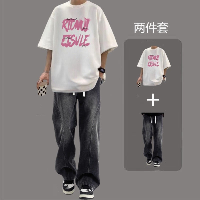 เสื้อยืดแขนสั้นฤดูร้อนครึ่งผ้าฝ้ายแท้ T686+K37 ชุดยีนส์ S-3XL
