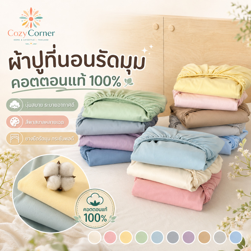 ผ้าปูที่นอนรัดมุม ผ้าฝ้าย 100% ชุด 3 ชิ้น ขนาด 3/3.5/5/6 ฟุต