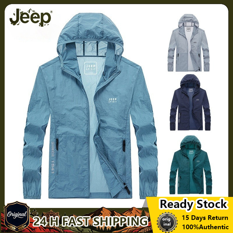 JEEP SPIRIT เสื้อกันหนาวมีฮู้ดกันแดดสําหรับผู้ชายฤดูร้อนผ้าไหมน้ําแข็งระบายอากาศแห้งเร็ว