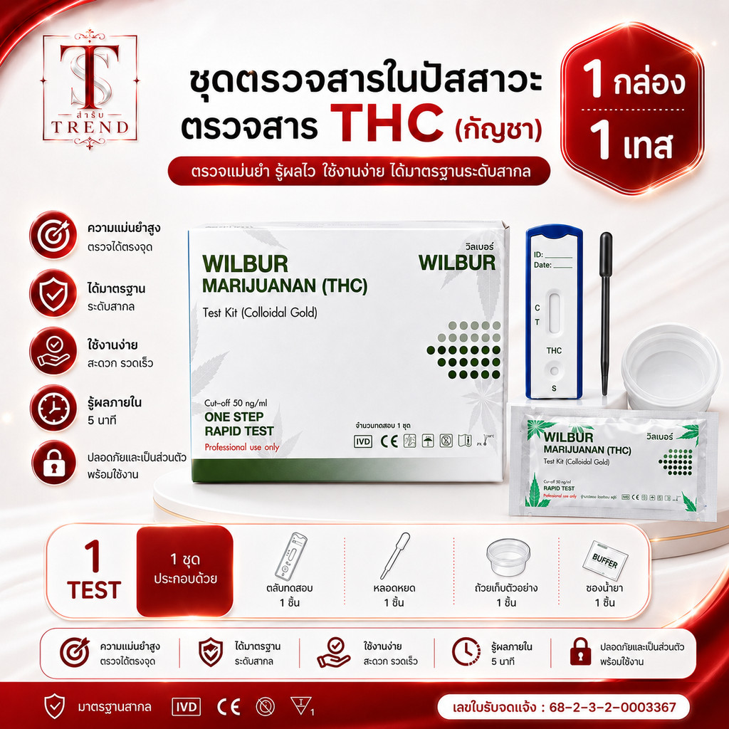 ชุดตรวจสาร THC แบบตลับ และแบบกล่องเต็ม Wilbur Marijuana THC Rapid Test รุ่น WILBUR  ( แบบ 1 เทส และ ยกกล่อง)