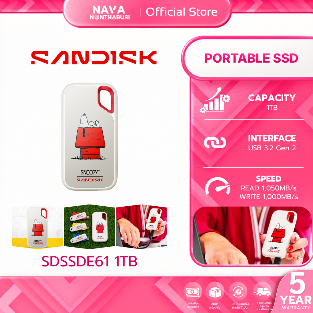 SANDISK PORTABLE SSD 1TB (เอสเอสดีพกพา) Limited Edition SNOOPY SDSSDE61-1T00-AP