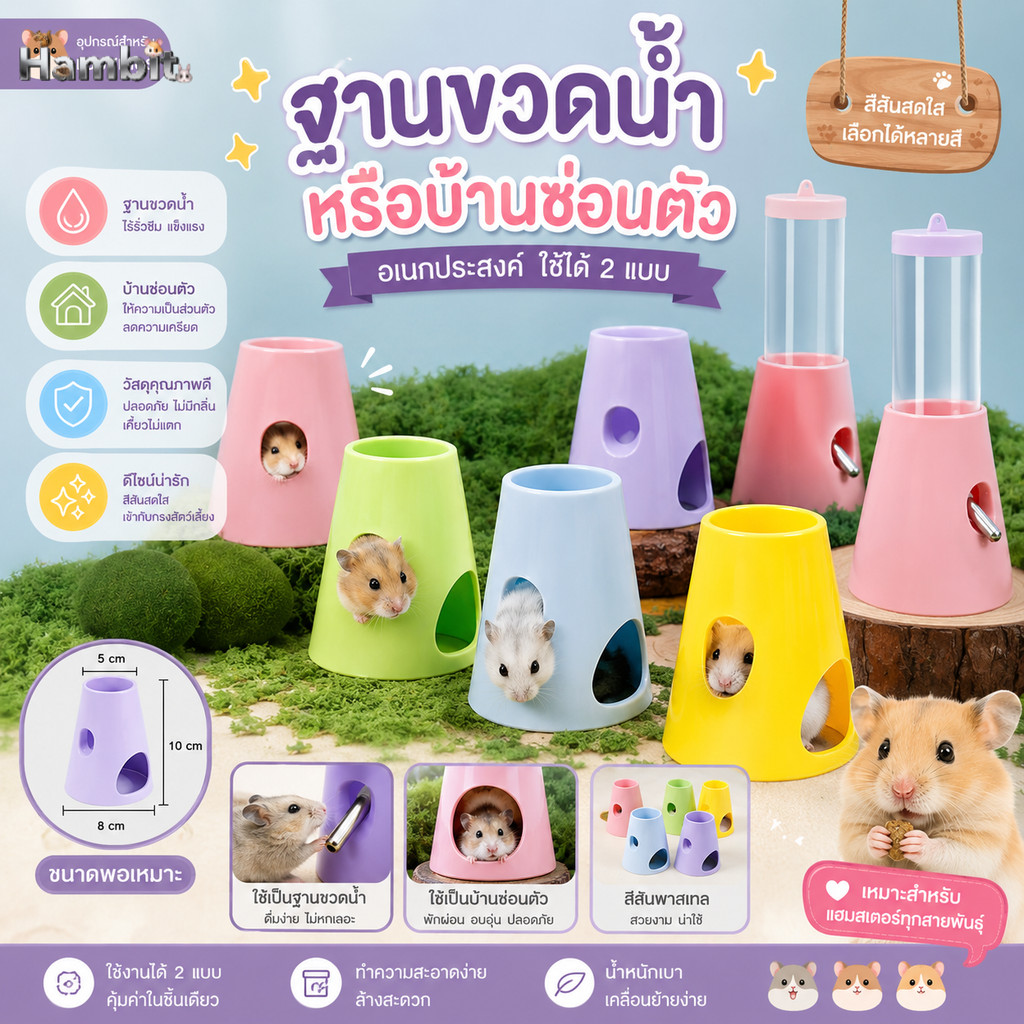 Hambit. บ้านแฮมสเตอร์ 2in1 ที่ซ่อนตัวและฐานรองขวดน้ำพาสเทล สำหรับสัตว์เลี้ยงขนาดเล็ก