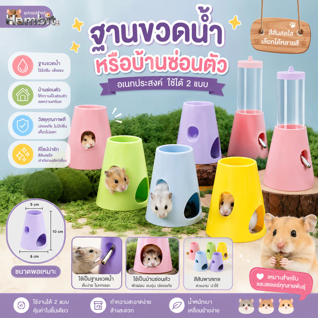 Hambit. บ้านแฮมสเตอร์ 2in1 ที่ซ่อนตัวและฐานรองขวดน้ำพาสเทล สำหรับสัตว์เลี้ยงขนาดเล็ก