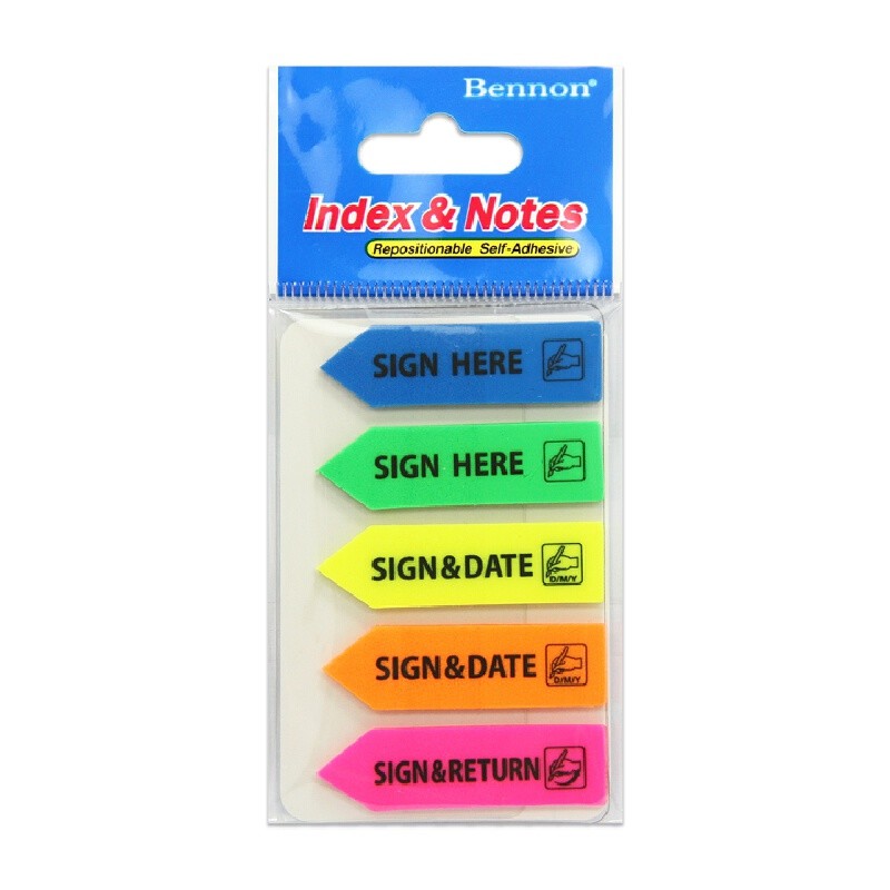 BENNON ฟิล์มโน๊ต แผ่นฟิล์มพร้อมข้อความ SIGN HERE, SIGN&DATE, SIGN&RETURN คละสี 5 สี (100 แผ่น)