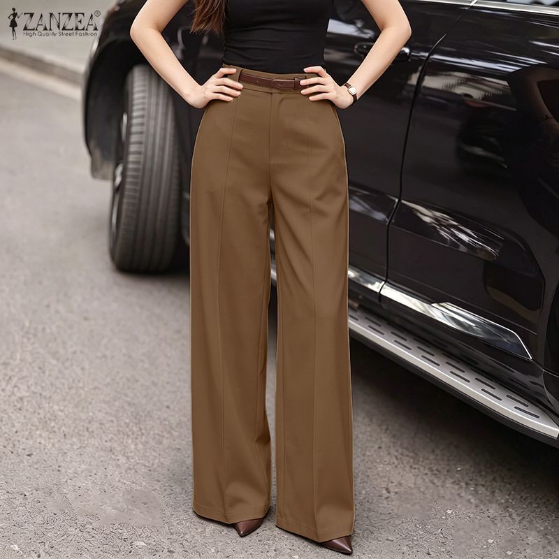 ZANZEA ใส่ ซานเซีย ผู้หญิงเกาหลีที่สง่างามทํางานอย่างเป็นทางการ เฒ่า เอวสูงกับกระเป๋าสีทึบกางเกงสูทขากว้าง — صورة 5
