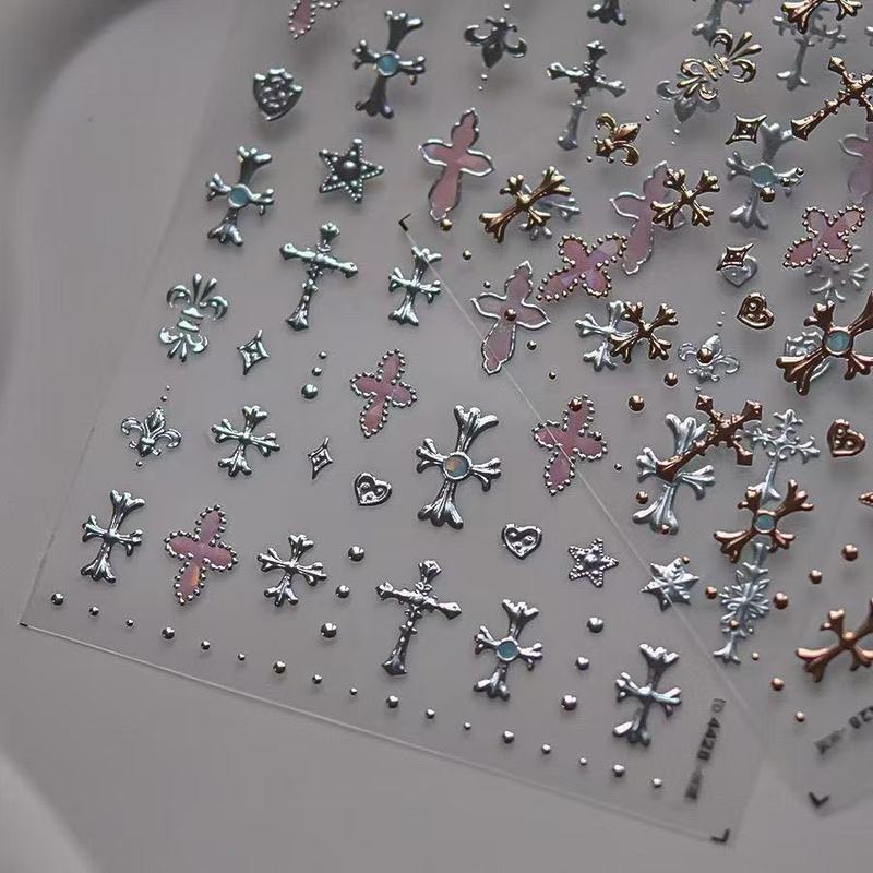 Retro Gilding Cross แต่งเล็บสติกเกอร์ ins สไตล์สาวร้อน Sweetheart โลหะเงิน Sweet Cool Gothic y2k เล็บสติกเกอร์