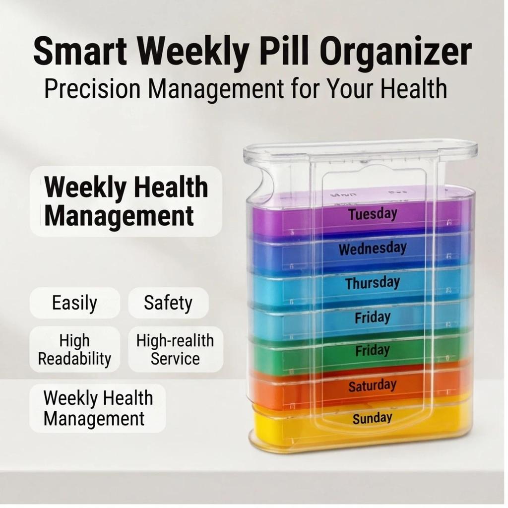 Portable 7 Days Pill Box – Colorful Stackable Design, 4 Times a Day Medicine Organizer, Plastic Stor
