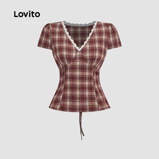 (New Arrival) Lovito เสื้อเบลาส์คอระบายผูกโบว์ด้านหลัง สีแดง/ขาว สําหรับผู้หญิง เหมาะสําหรับฤดูใบไม้ผลิ/ฤดูร้อน L196ED612