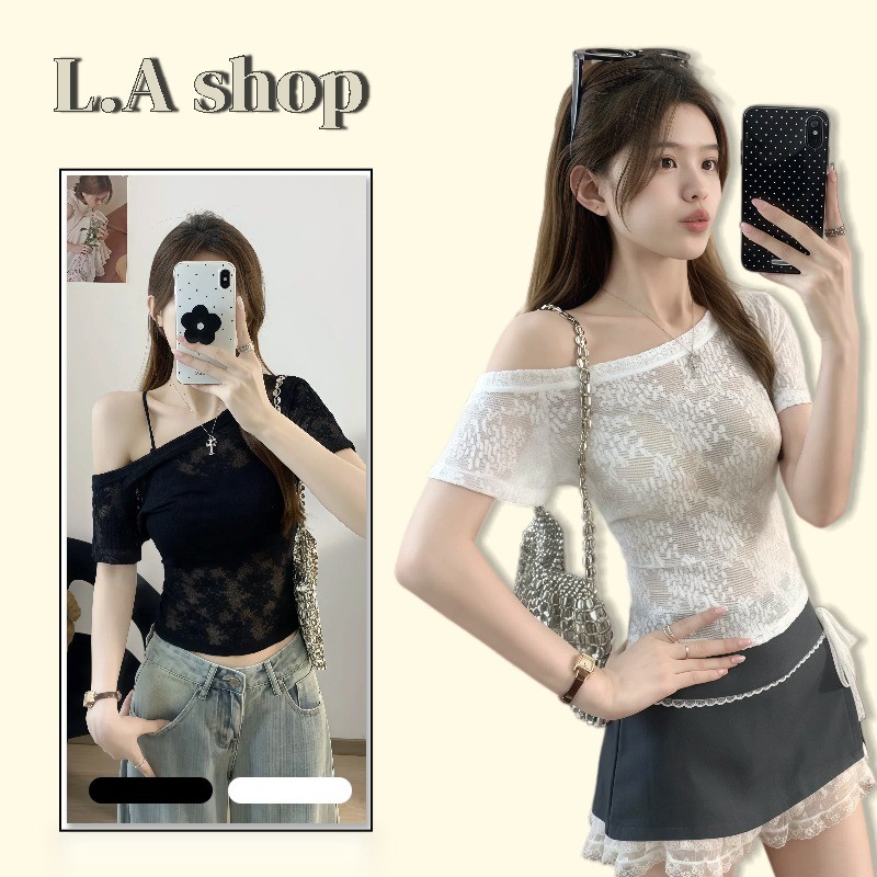 L.A Shop พร้อมส่ง เสื้อแขนสั้นผู้หญิง เสื้อปาดไหล่ พิมพ์ลายลูกไม้ ทรงรัดพอดี (FY8518/FY164)